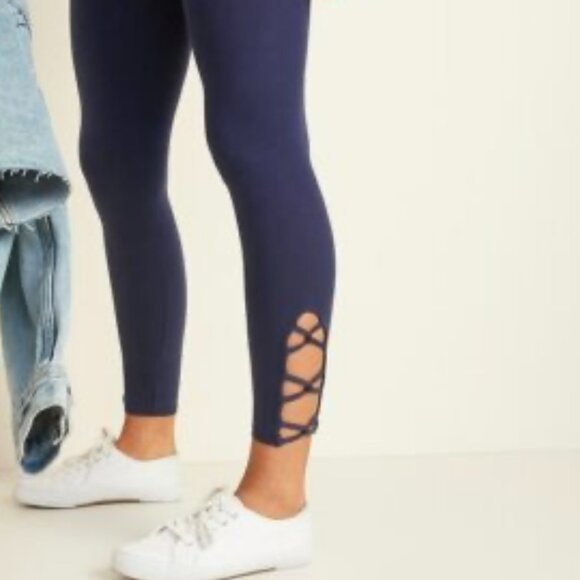 Old Navy | High Waisted | Navy Blue | Lattice Hem | Ankle Leggings | NWT - Picture 2 of 4